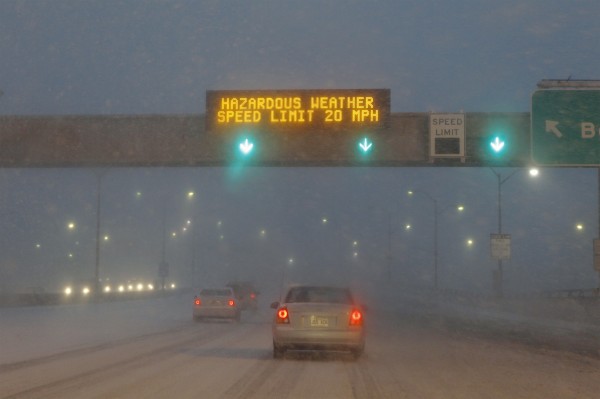Traffic moves slowly through a snowstorm on I-278 in New York