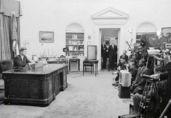 President Kennedy in Oval Office with Television Cameras